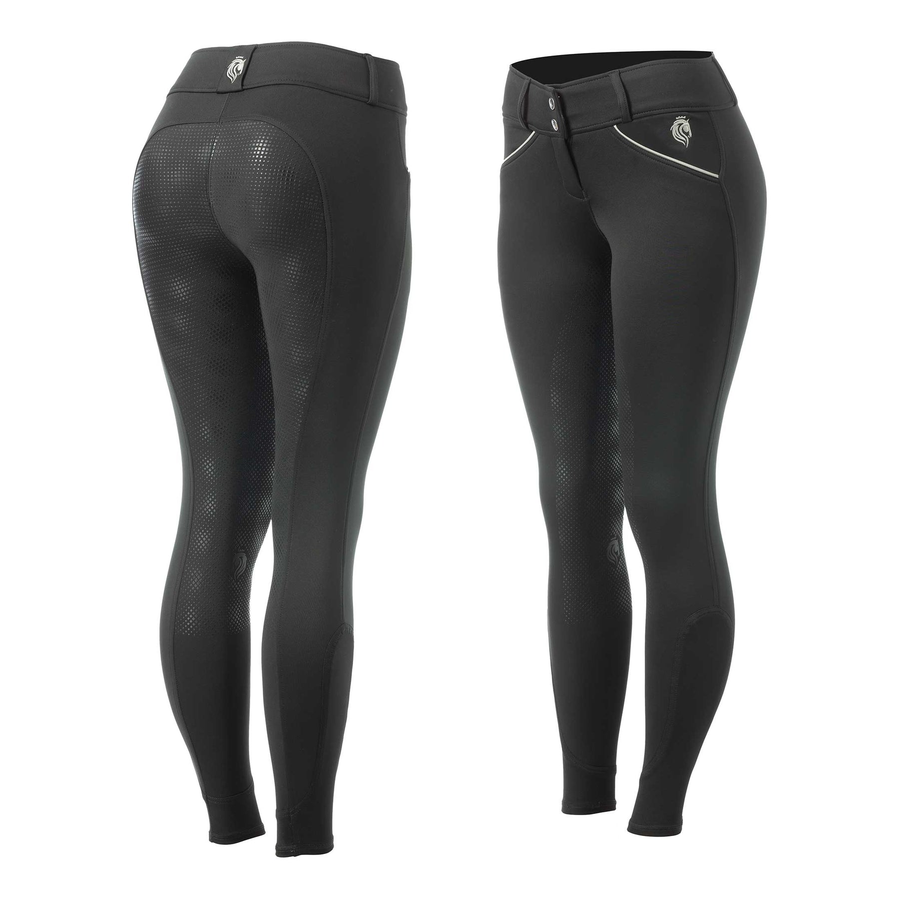 Side by side front and back views of the Black Equinavia Astrid Winter Full Seat Breeches on a white background
