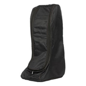 Black fabric tall boot bag with handle and zipper shown on plain white background