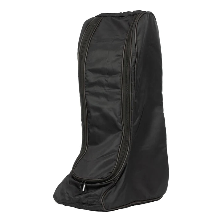 Black fabric tall boot bag with handle and zipper shown on plain white background