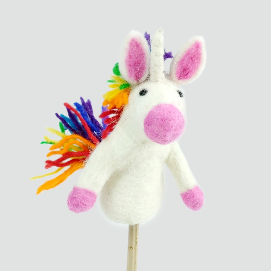Front view of The Winding Road Finger Puppet Rainbow Unicorn