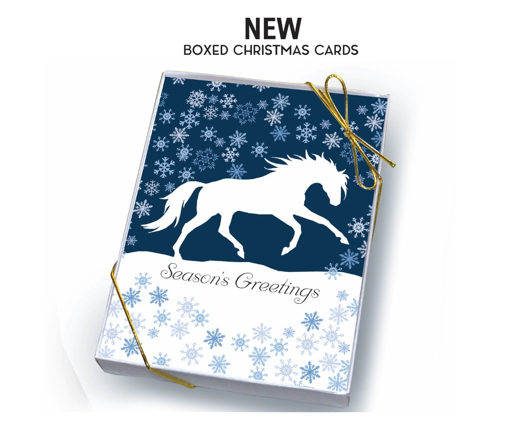 Front view of the White Cantering Horse Hollow Press Holiday Greeting Card Box Set