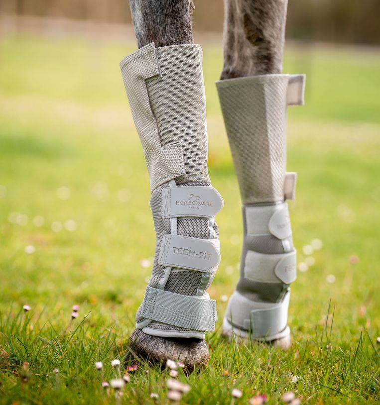 Horse wearing Rambo Tech-Fit Fly Boots in silver on front legs standing in grassy field