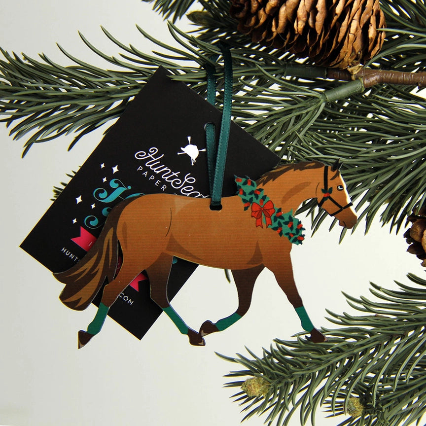 Front view of the Chestnut Pony Hunt Seat Paper Co Horse Ornament