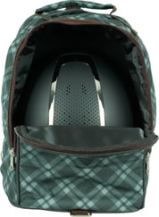 Front view of the Thyme/Lily Pad Equinavia Detachable Helmet Bag on a plain background with the zipper open showing a helmet in it
