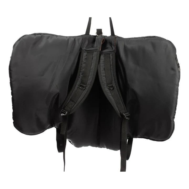 Underside view of the backpack straps on the Black Equinavia London Pro All Purpose Saddle Case on a plain background