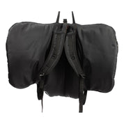 Black fabric saddle cover with strapsshown on plain white background