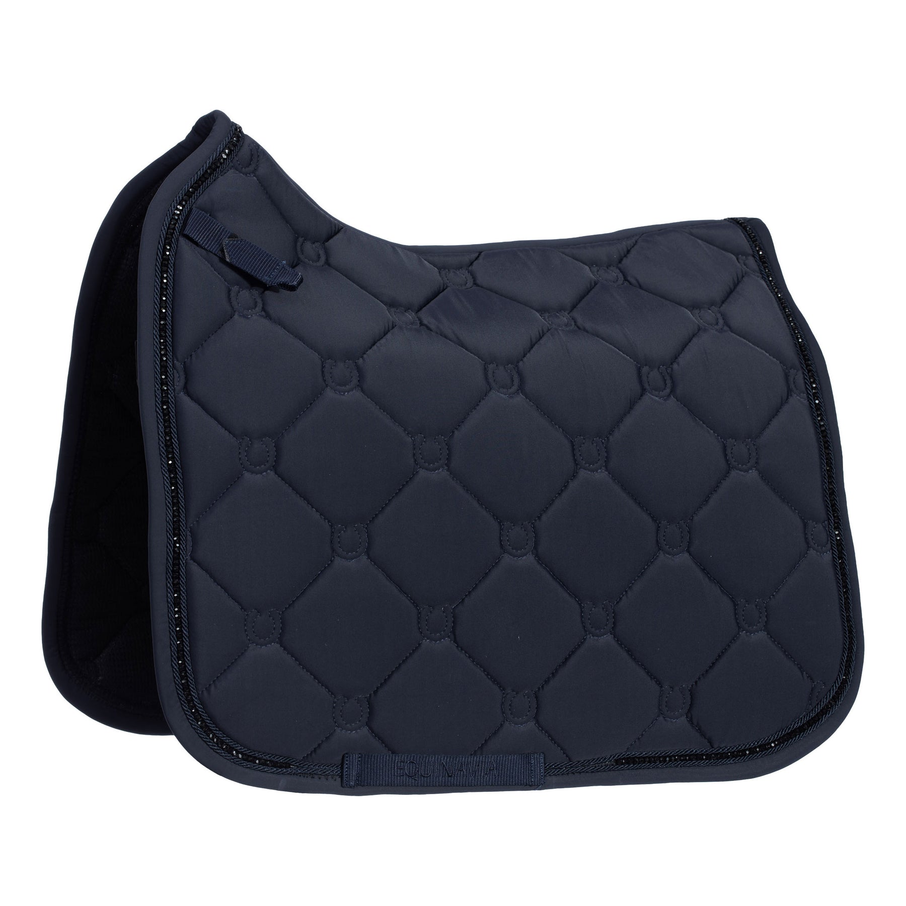Side view of the Navy Equinavia Bergen Crystal Dressage Saddle Pad on a white background