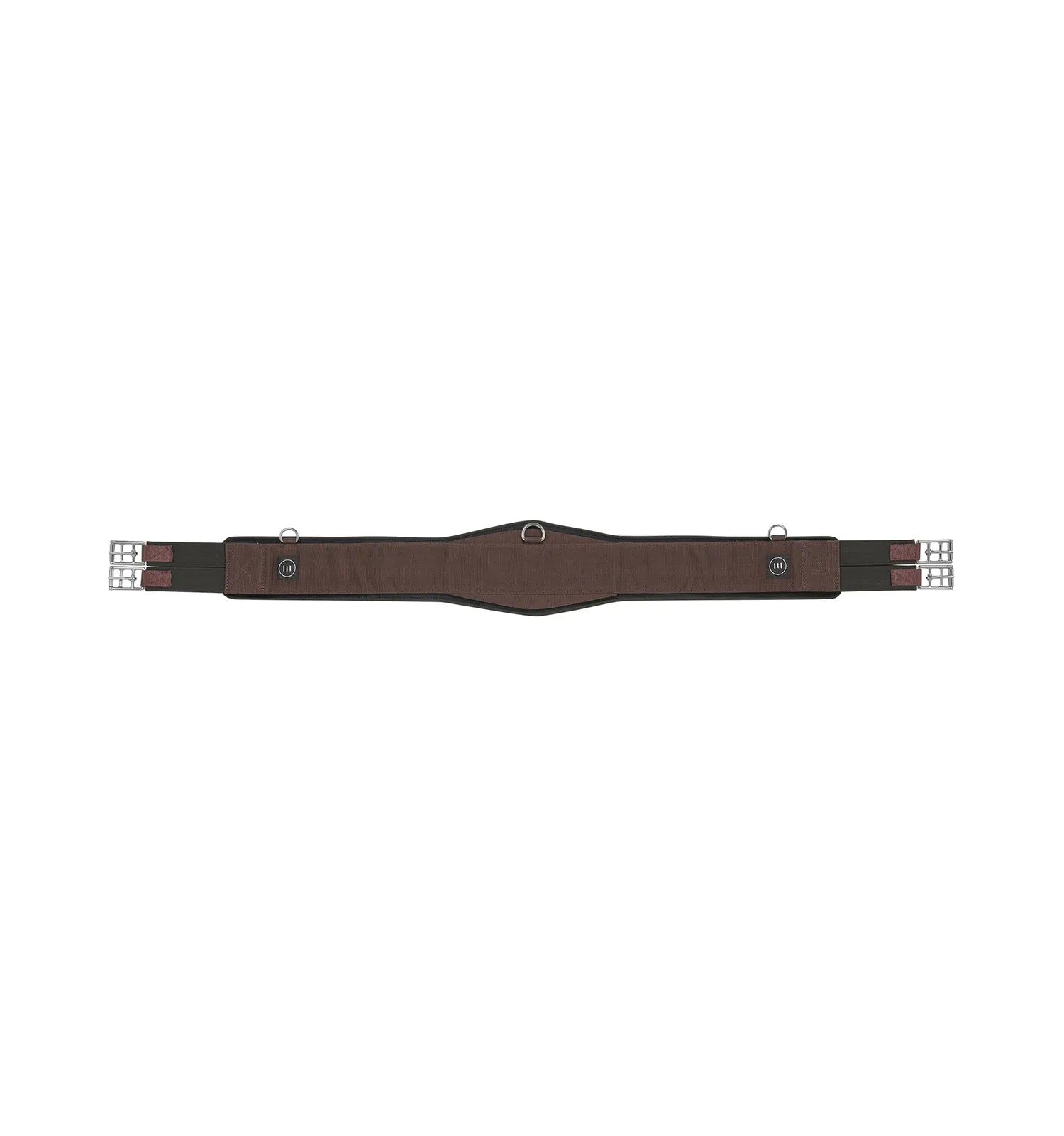 Brown fabric horse girth with silver buckles shown on plain white background