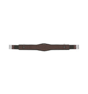Brown fabric horse girth with silver buckles shown on plain white background
