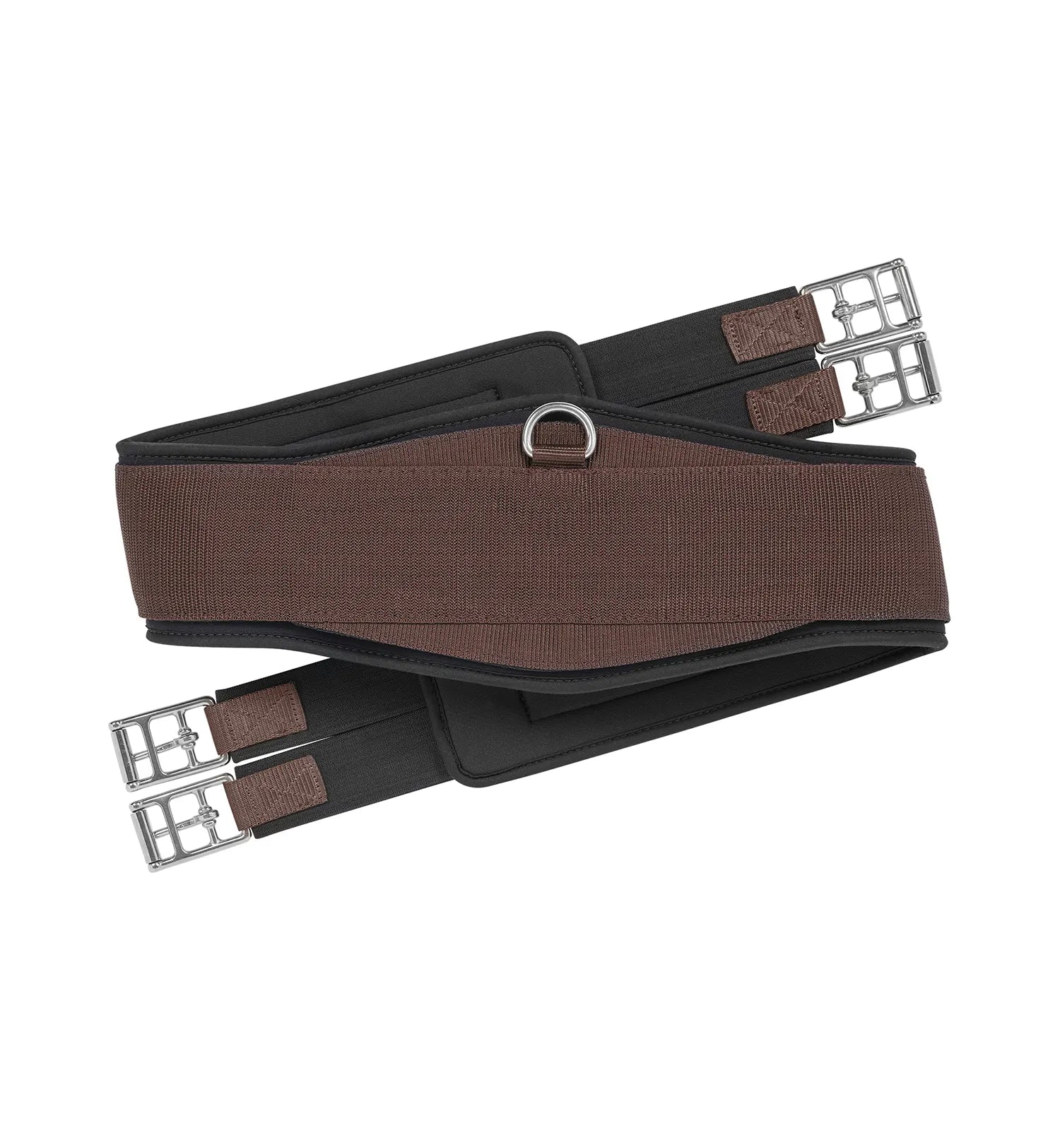 Brown fabric horse girth with silver buckles shown on plain white background