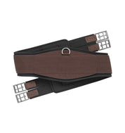 Brown fabric horse girth with silver buckles shown on plain white background