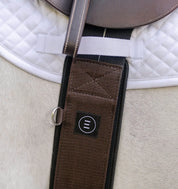 Brown fabric english girth shown on grey horse
