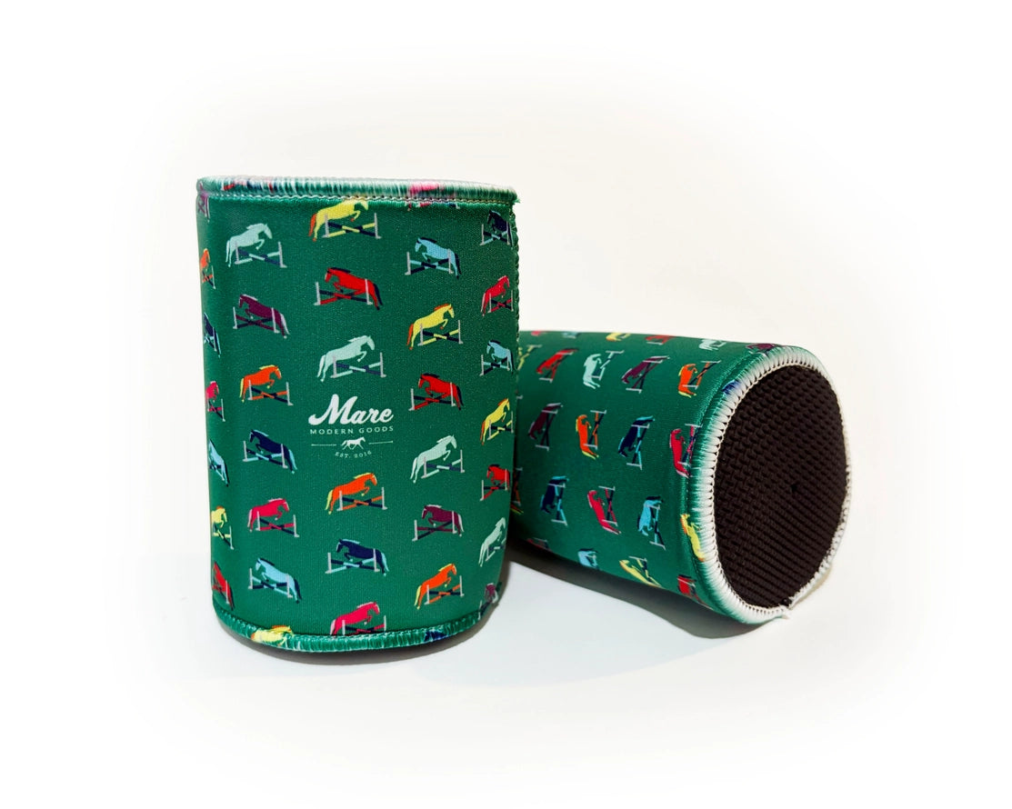 Side and bottoms views of 2 Jumper Mare Modern Goods Koozies on a white background