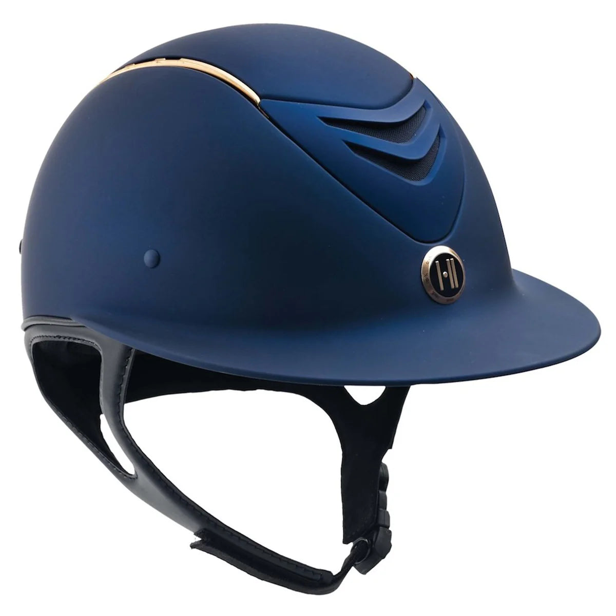 Angled front view of the matte navy rosegold stripe One K MIPS CCS Avance Wide Brim Helmet on a white background