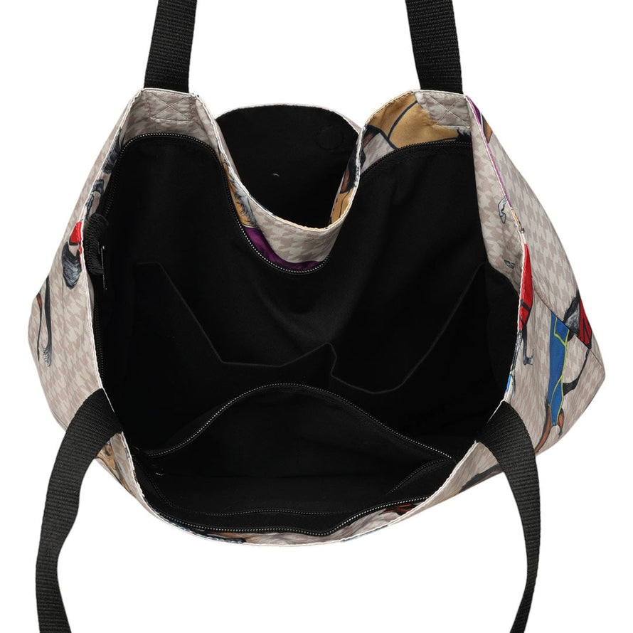 Top view of the AWST Int'l Lila Horses in Blankets Tote Bag on a white background