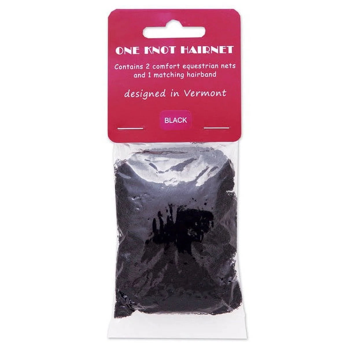 Front view of a package of 2 black One Knot Hair Nets on a white background