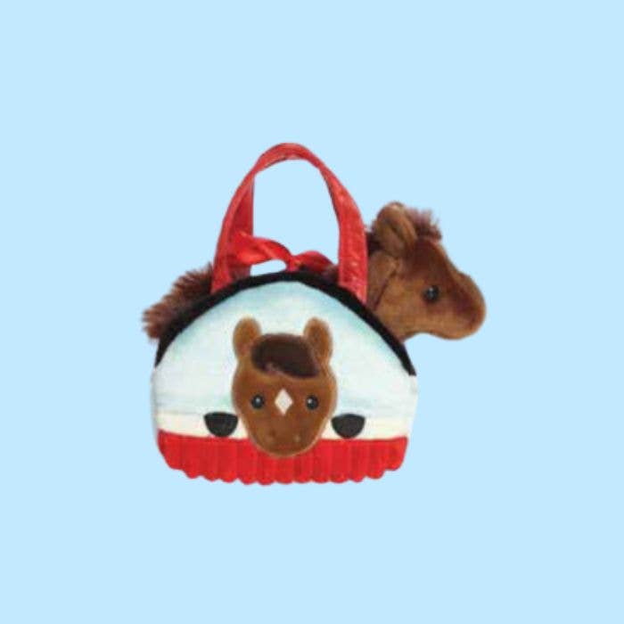 Front view of the 7" Plush Brown Pony in Peek-A-Boo in Sparkle Purse on a blue background