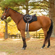 Side view of a bay horse wearing the Black Equinavia Bergen Crystal All Purpose Pad under a brown saddle while standing outside