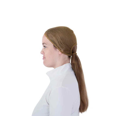 Side view of a female model wearing the Medium Brown Ellsworth Ponytail Hairnet on a plain background
