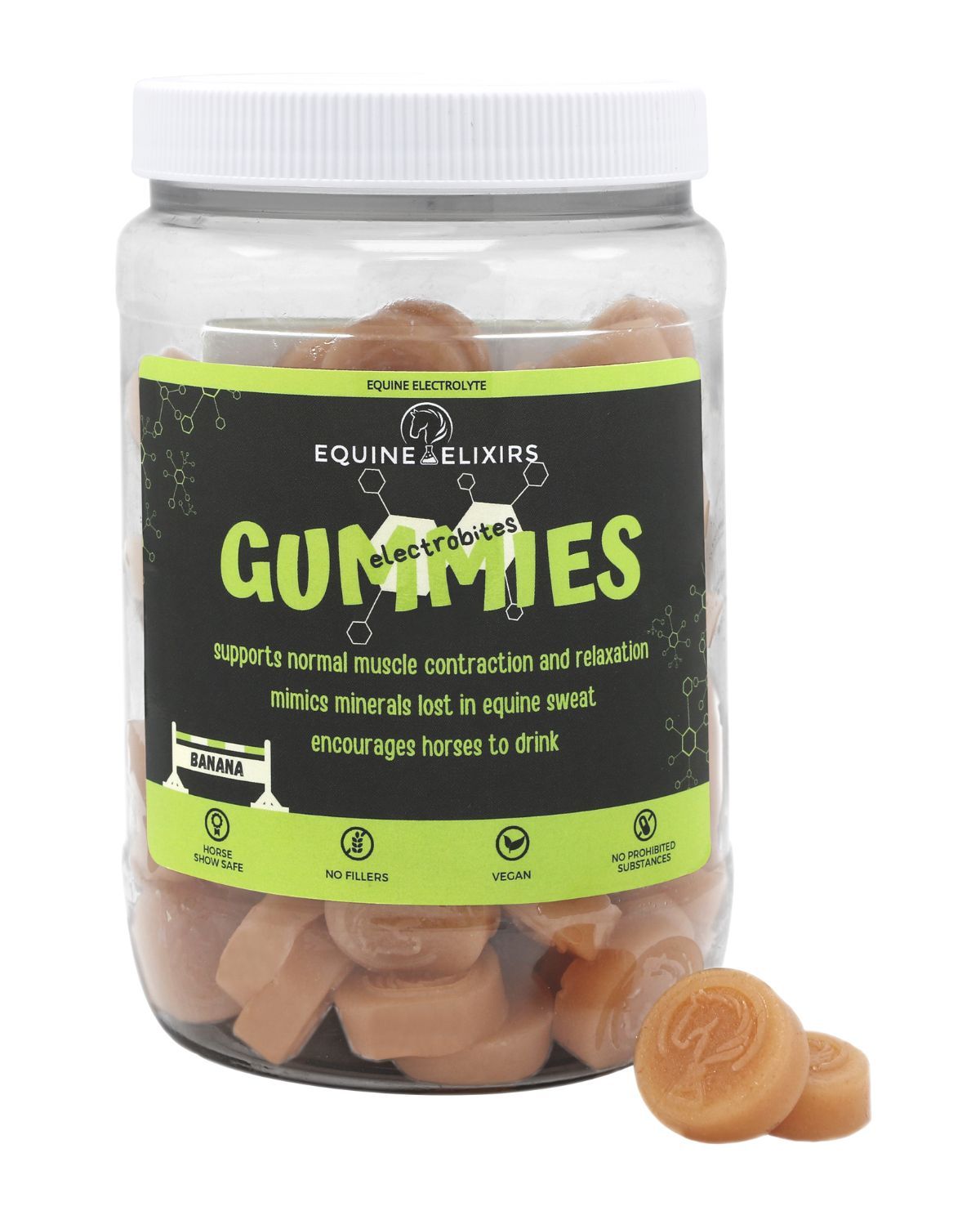 Front view of a container of Equine Elixirs Electrobites Gummies on a plain background