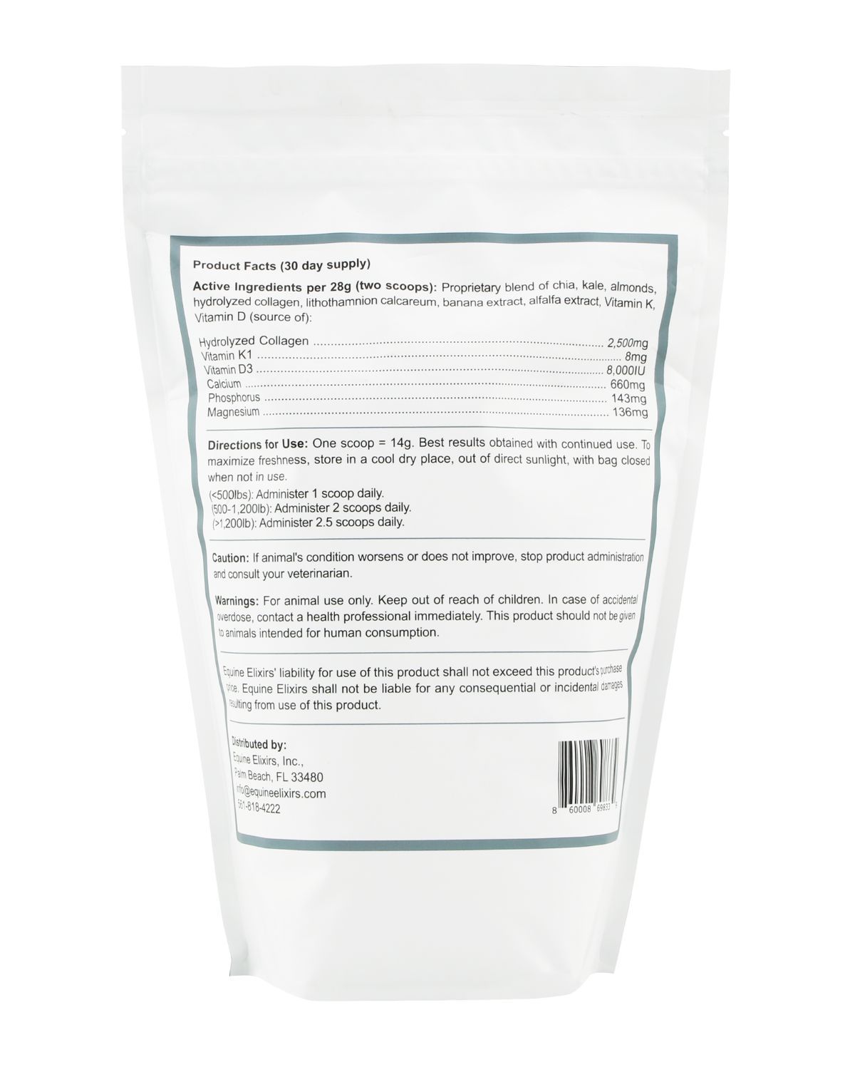 Back view of a small bag of Equine Elixirs Pro Bono on a plain background