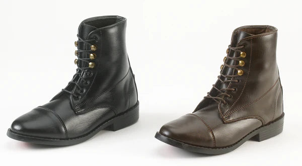 Front angled view iew of a black and a brown EquiStar Kids All-Weather Lace Paddock Boot