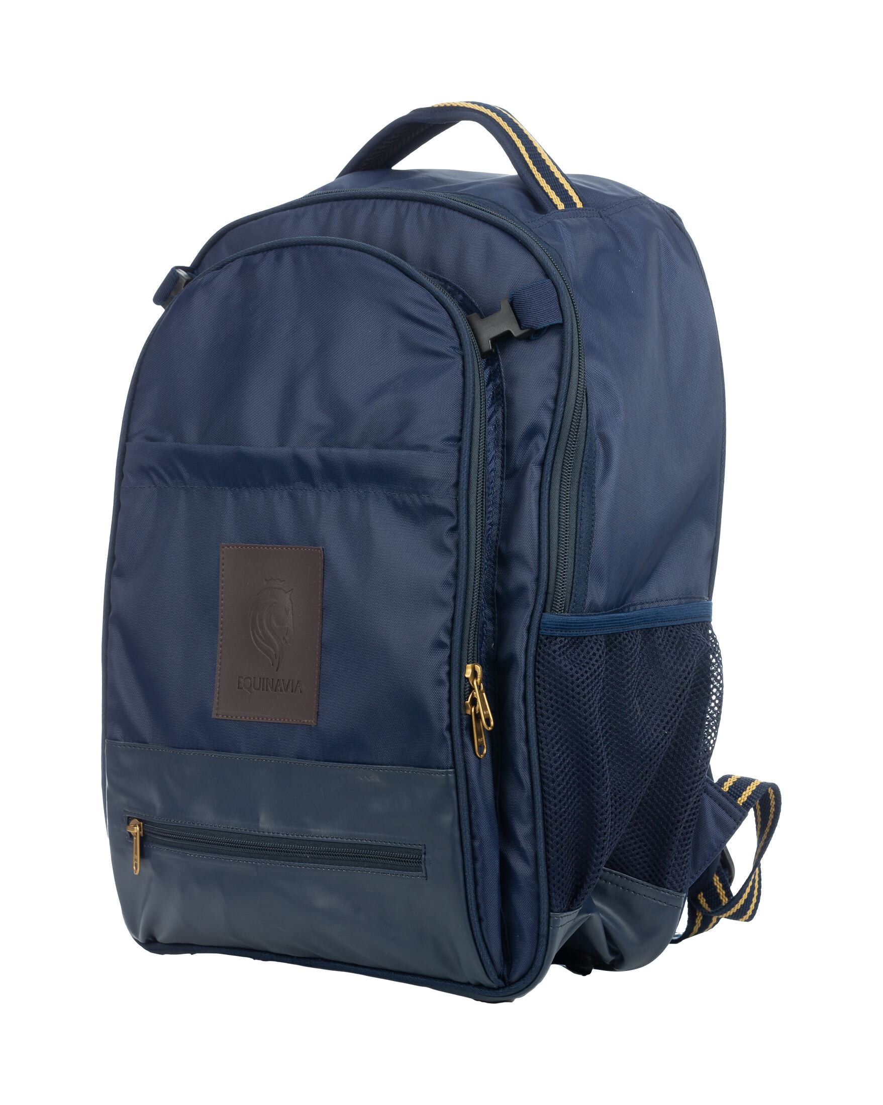 Front view of the Navy Gold Equinavia Darby Backpack on a plain background