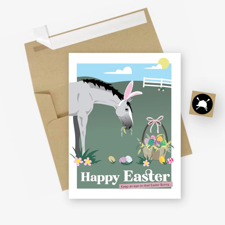 Front view of the Happy Easter Hunt Seat Paper Co. Greeting Card with its envelope