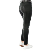 Angled back view of a female model wearing the Black Equinavia Astrid Winter Full Seat Breeches on a white background