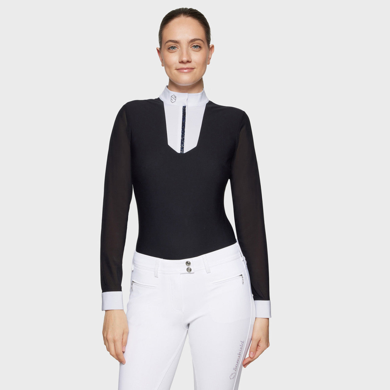 Front view of a female model wearing the Jet Black Samshield Faustine Premium Long Sleeve Show Shirt on a plain background