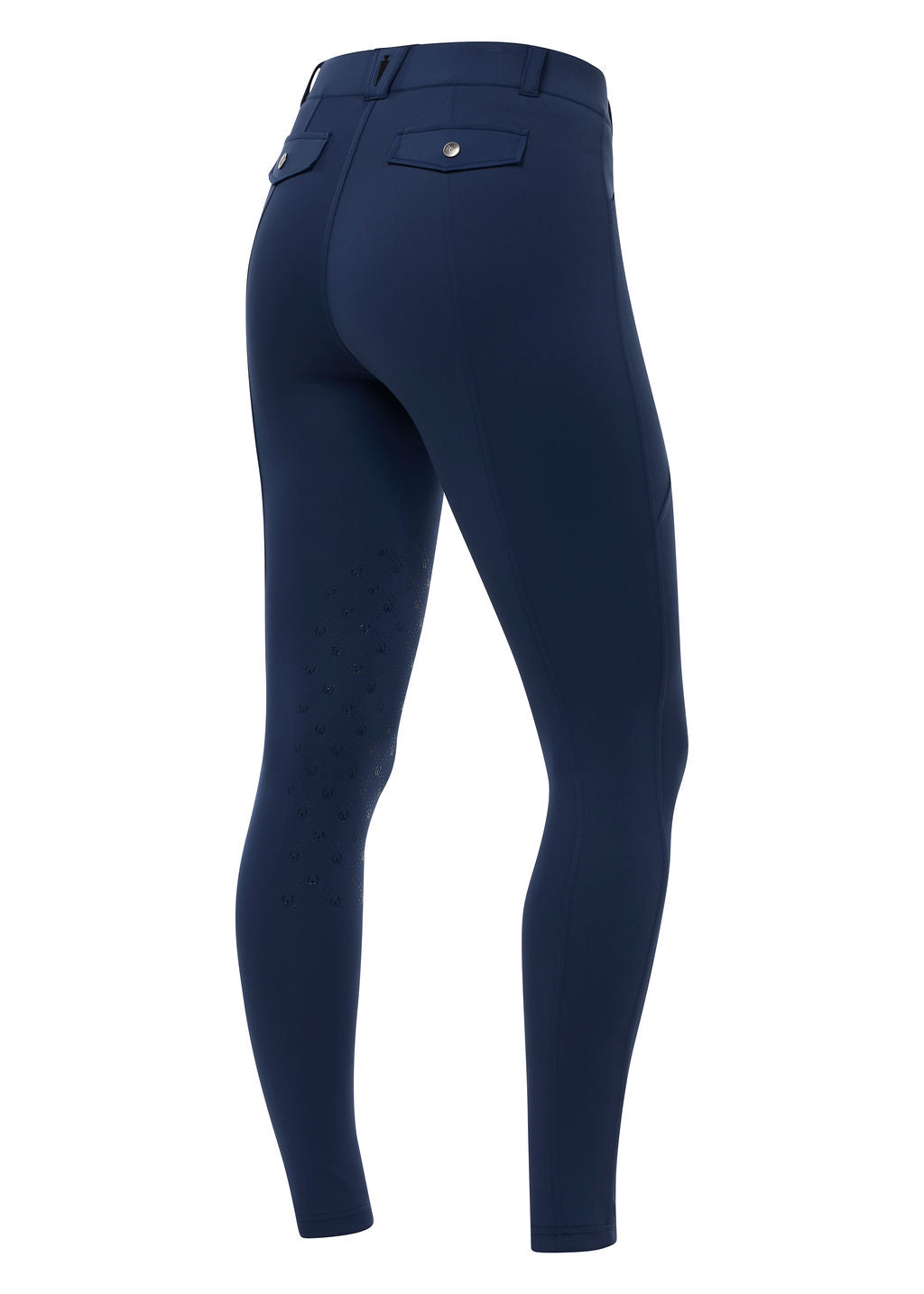 Angled back view of the Nightfall Kerrits Free Motion Coolcore Knee Patch Breech on a plain background