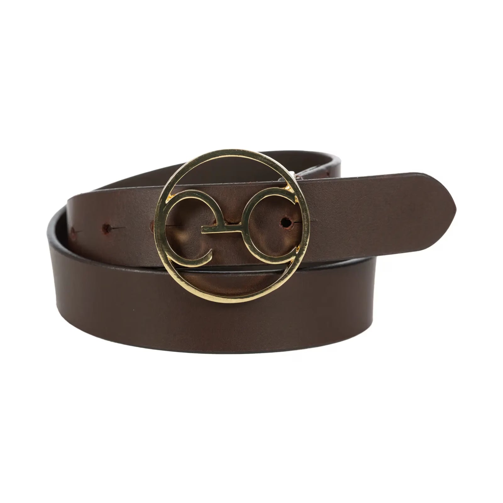 Full view of a rolled up brown Equinavia Dagny Leather Belt on a white background
