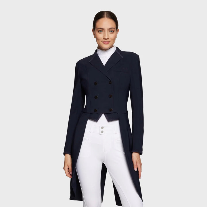 Front view of a female model wearing the Navy Samshield Alcantara Long Frac on a plain background