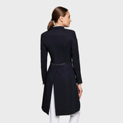 Back view of a female model wearing the Black Samshield Alcantara Long Frac on a  plain background