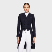 Front view of a female model wearing the Black Samshield Alcantara Long Frac on a plain background
