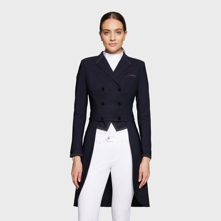 Front view of a female model wearing the Black Samshield Alcantara Long Frac on a plain background