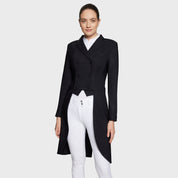 Full body front view of a female model wearing the black Samshield Premium Frac and white breeches on a plain background