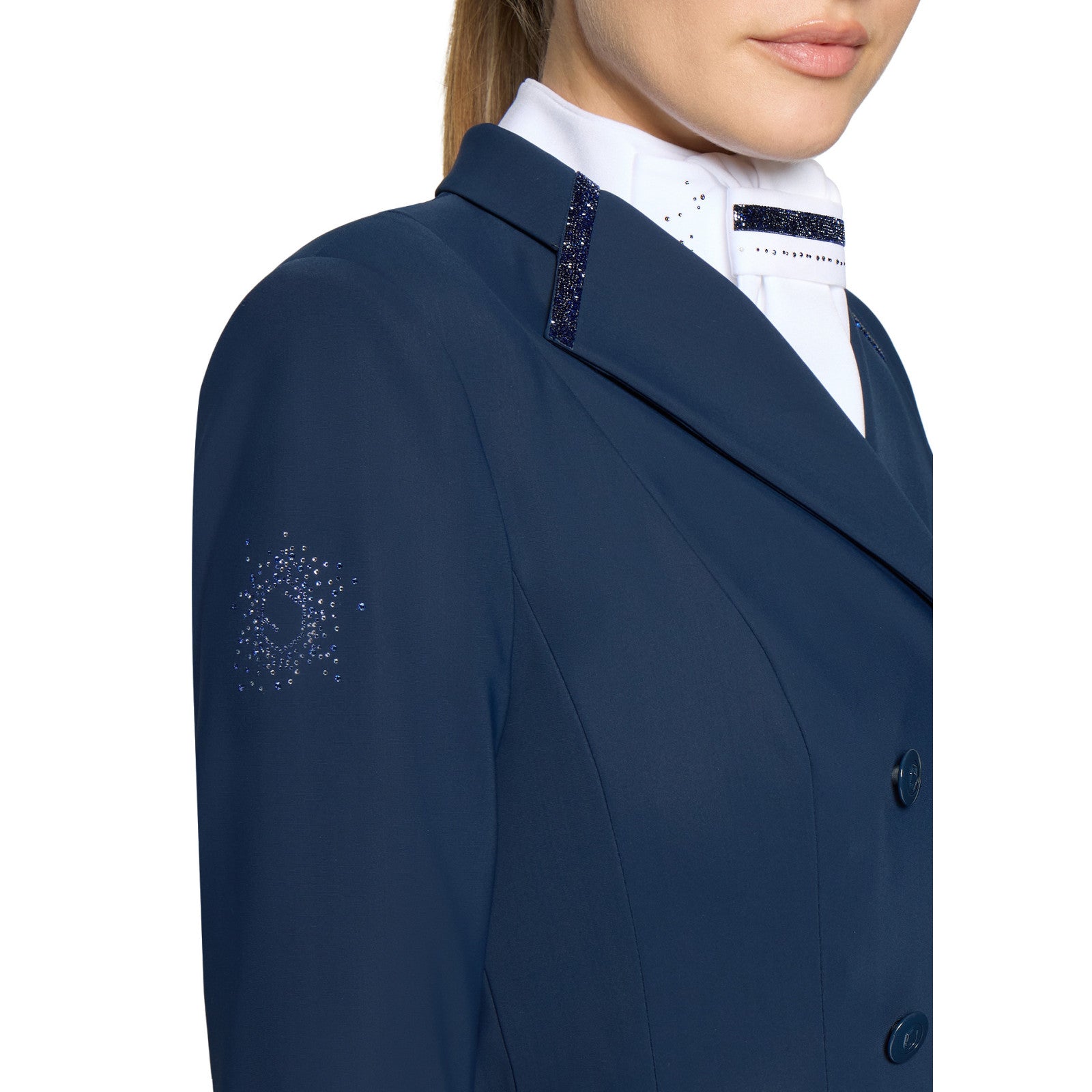 Close-up front view of a female model wearing the Cosmic Blue Samshield Premium Frac on a plain background