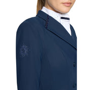 Close-up front view of a female model wearing the Cosmic Blue Samshield Premium Frac on a plain background