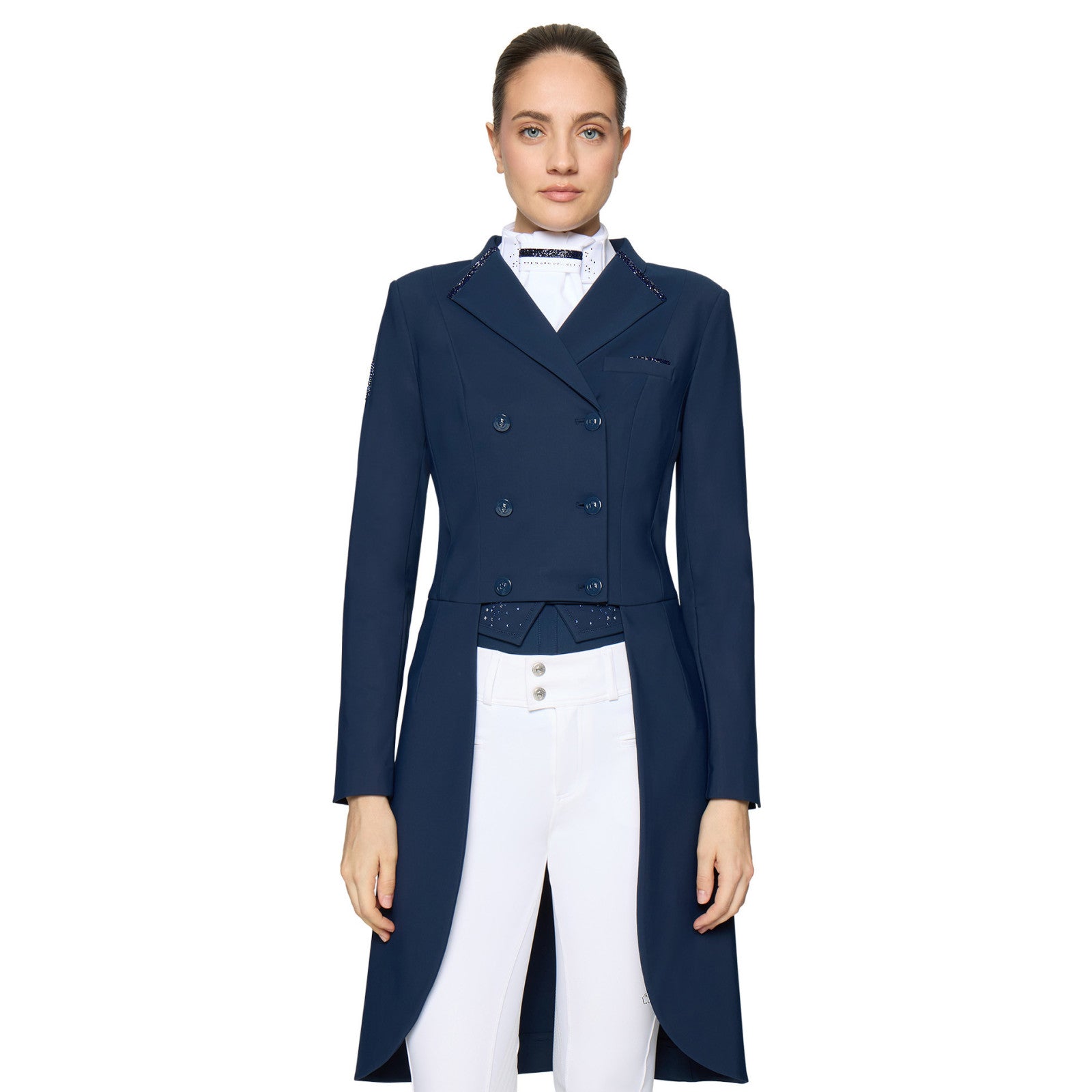 Front view of a female model wearing the Cosmic Blue Samshield Premium Frac on a plain background