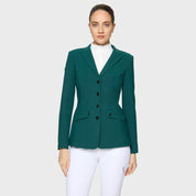 Front view of a female model wearing the Hunter Green Samshield Frida Show Coat on a plain background