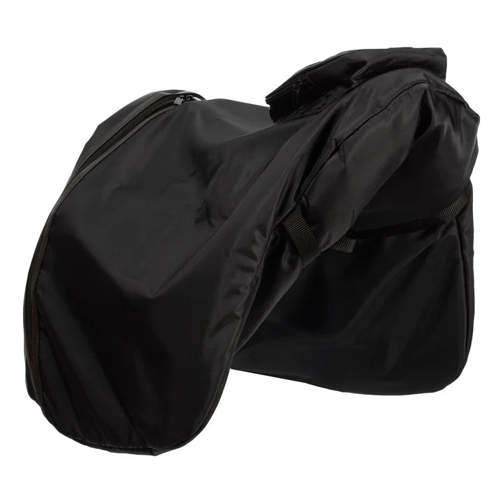 Black fabric saddle cover shown on plain white background