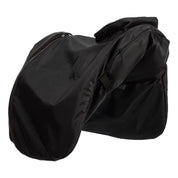 Black fabric saddle cover with strapsshown on plain white background