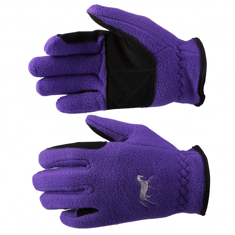 Side-by-side front and back views of the Violet Horze Kids Fleece Gloves on a white background