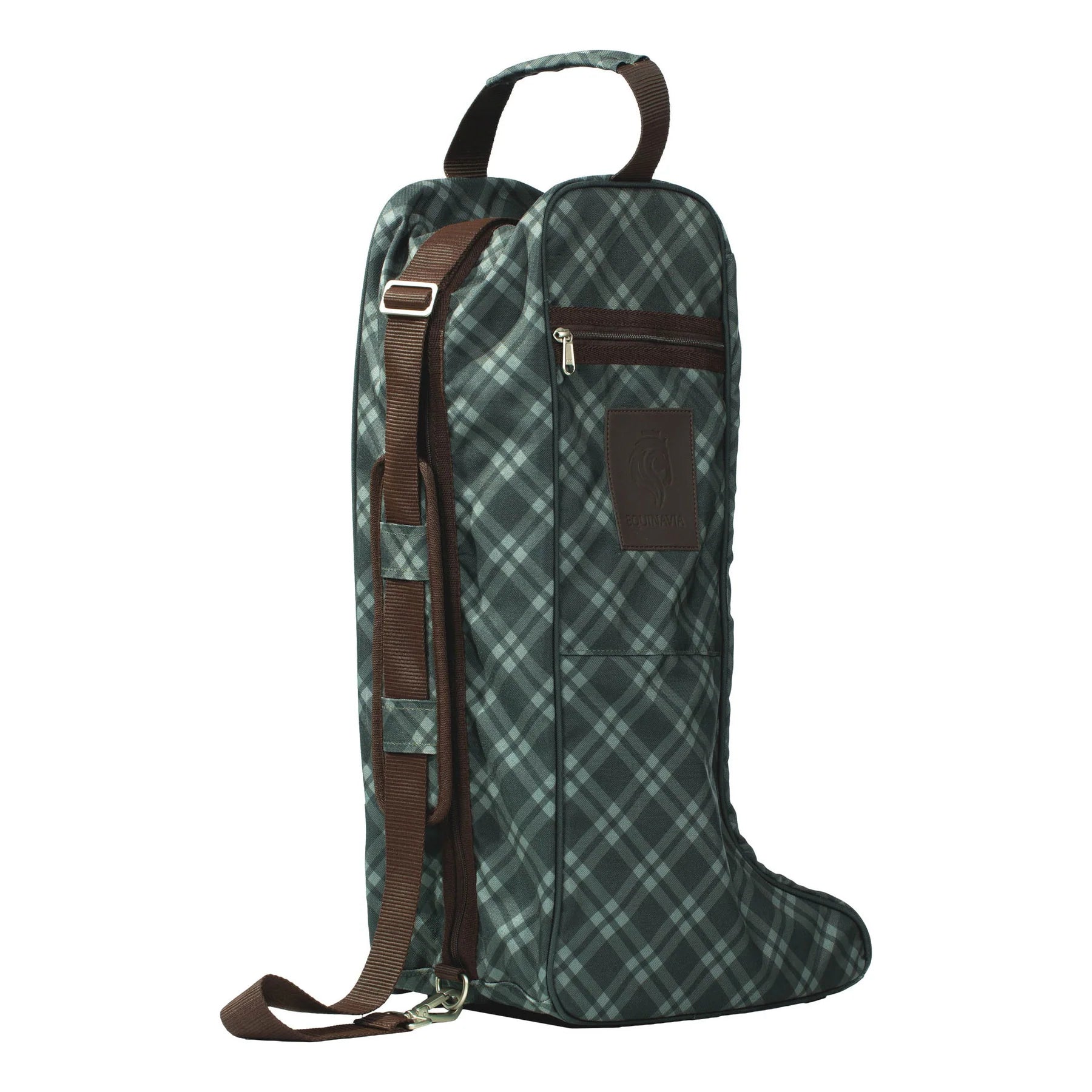 Angled front view of the Thyme/Lily Pad Equinavia Darby Boot Bag on a plain background showing the shoulder strap