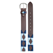 Top view of the buckle and tail end of the light blue and navy brown-leather Equinavia Siri Polo Belt on a white background
