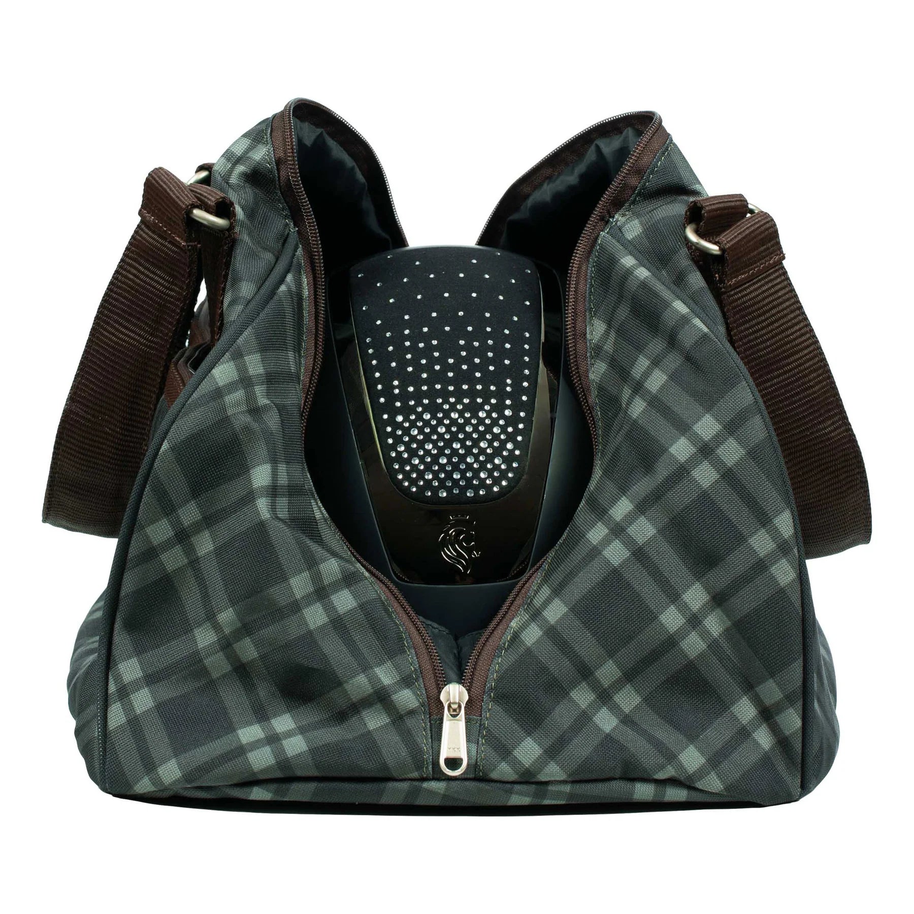 Side view of the Thyme/Lily Pad Equinavia Darby Helmet Bag on a plain background showing the bag unzipped with a helmet inside