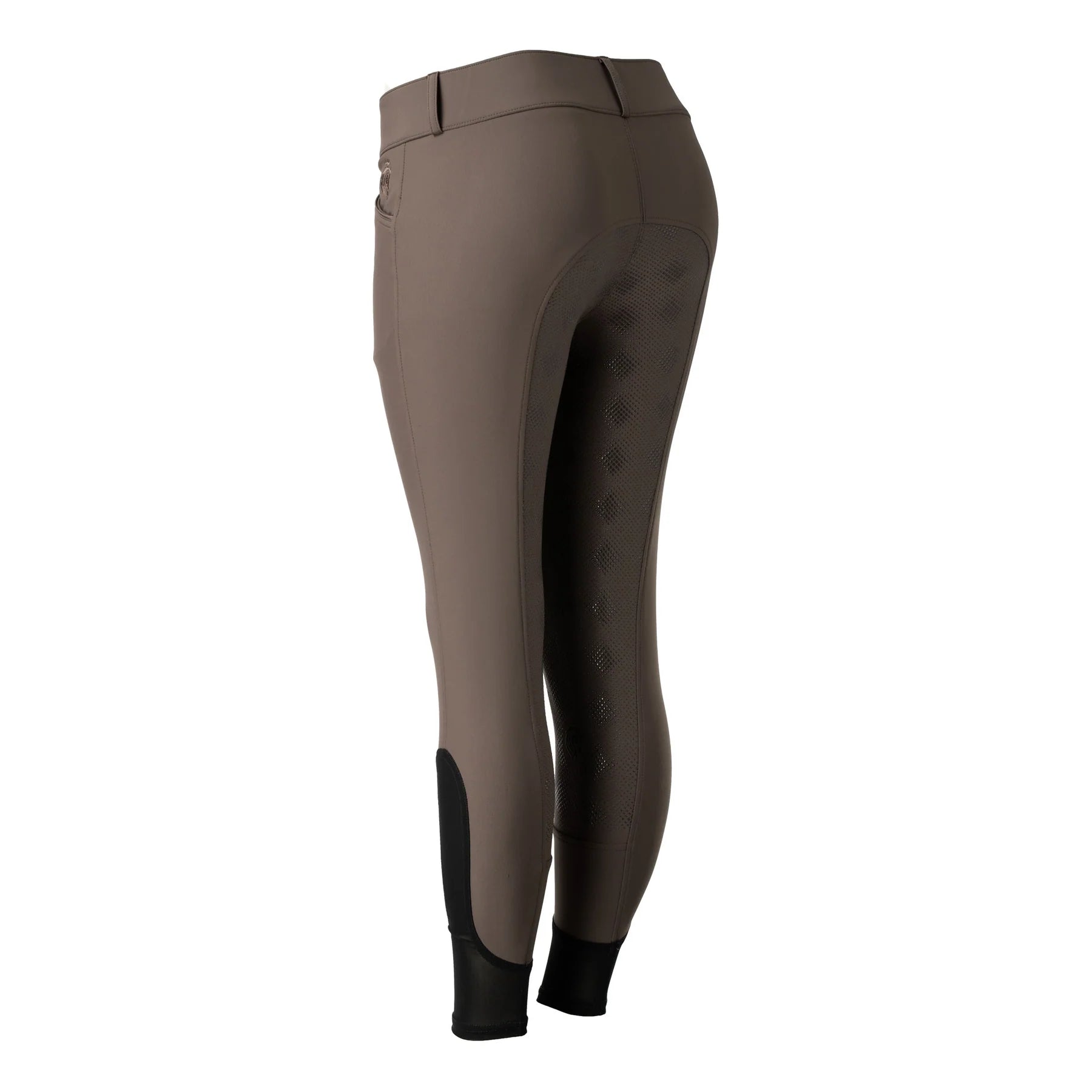 Angled back view of the Dark Brown Equinavia Maud Tech Full Seat Breeches on a plain background