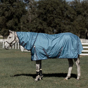 Side view of a horse wearing the Equinavia Thunder 360 200g Detachable Neck Turnout Blanket outdoors