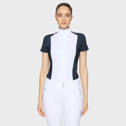 Front view of a female model wearing the Anthracite Drop Samshield Gretta Short Sleeve Show Shirt on a plain background